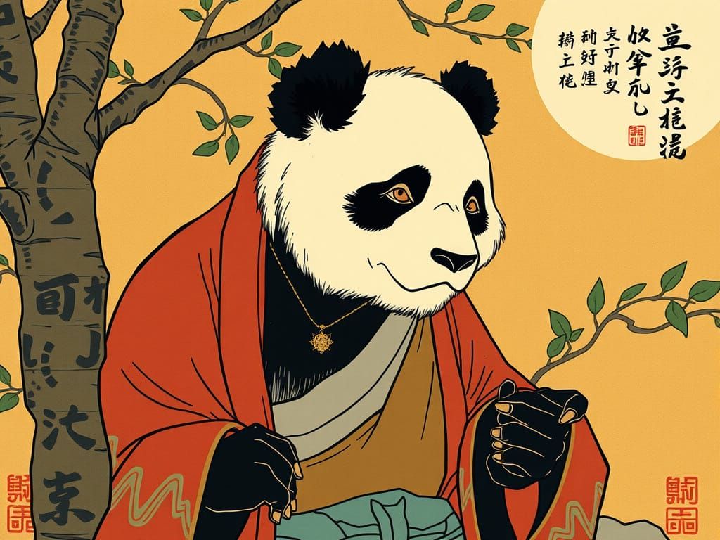 Meditative Panda in Traditional Japanese Art Style