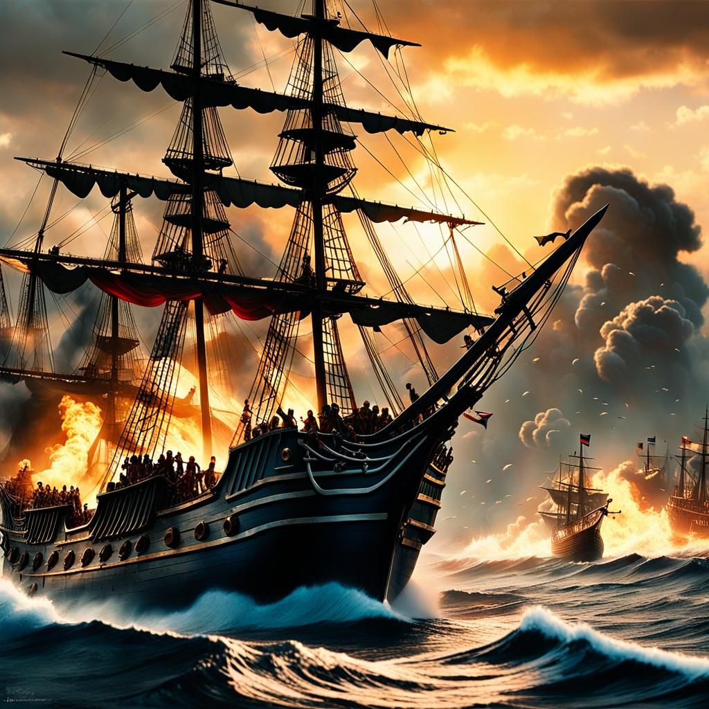 Captain Jack Sparrow raises his mighty sword as he stands on the fore deck of the Black Pearl pirate ship as they engage...