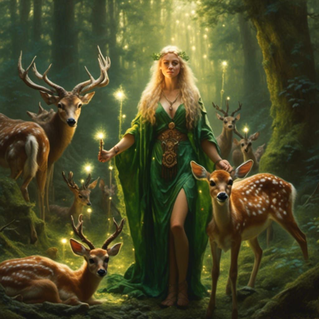 Druid Heals Fawn in Sunlit Forest