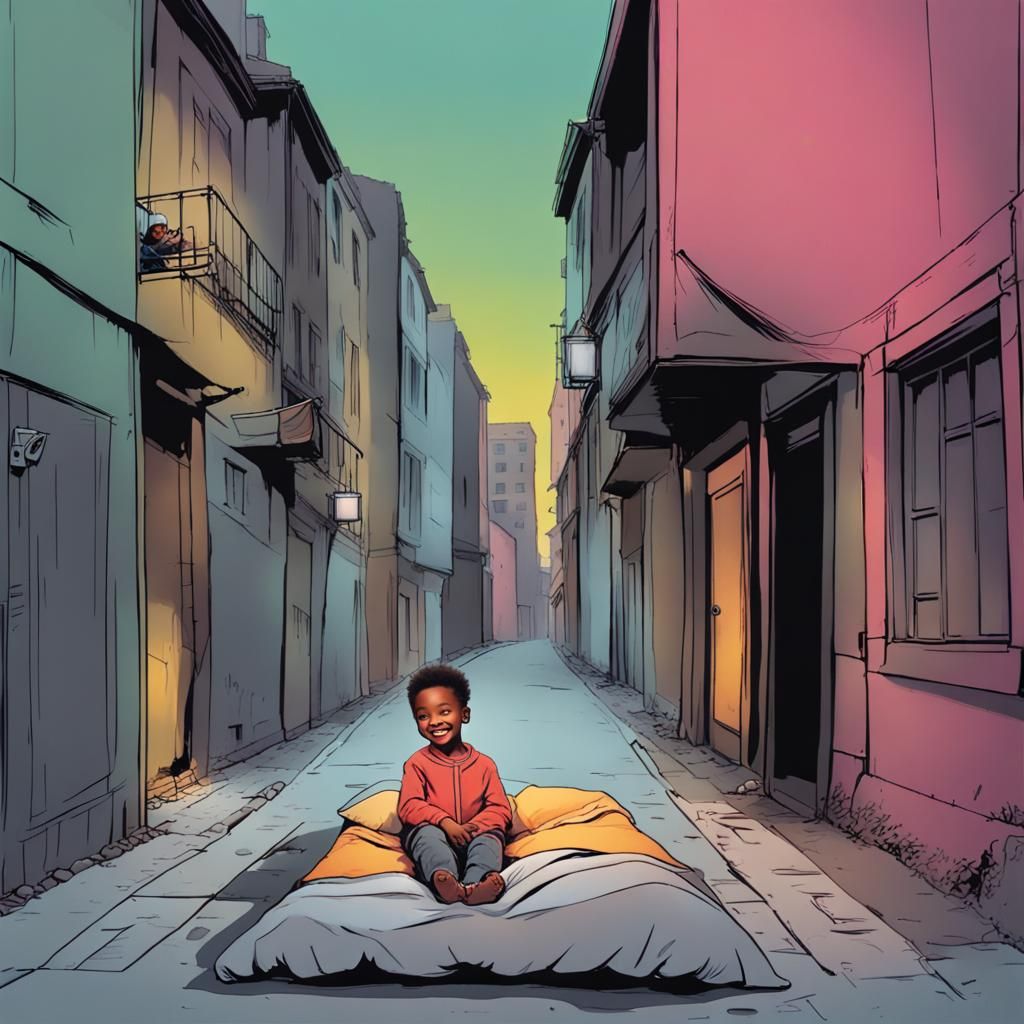 Peaceful Child Sleeps in Rainy Urban Street