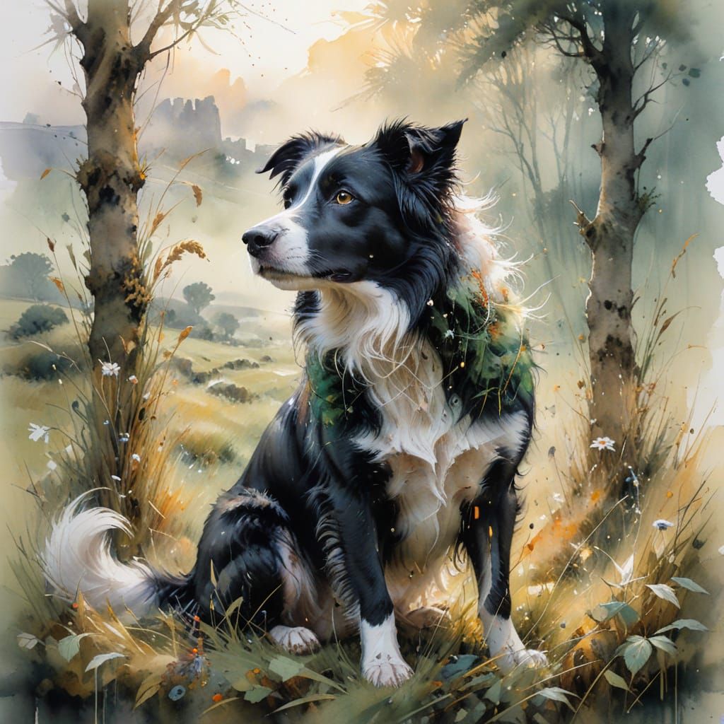 Alert Border Collie in Meadow, Watercolor Style