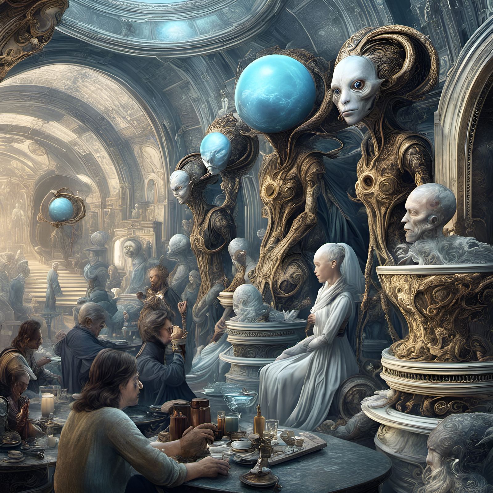 Dreamlike Alien Social Gathering in Hyperrealistic Style