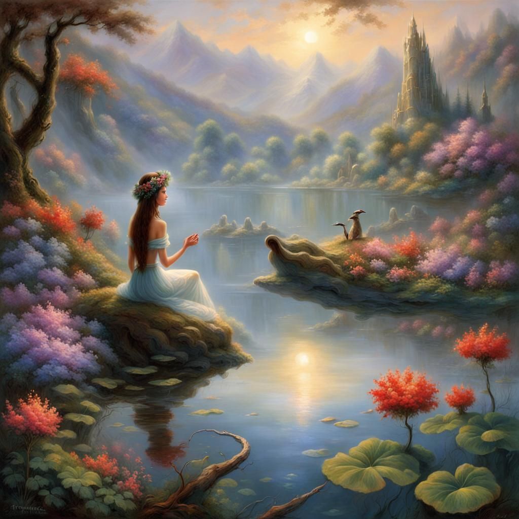 Woman with Wildflowers Watched by Naga King