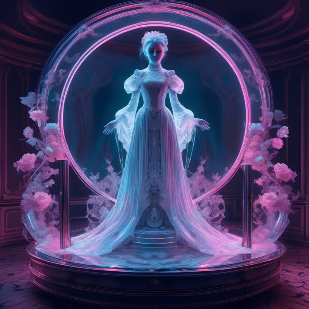 Ghostly Hologram of Victorian Bride in Vaporwave Style