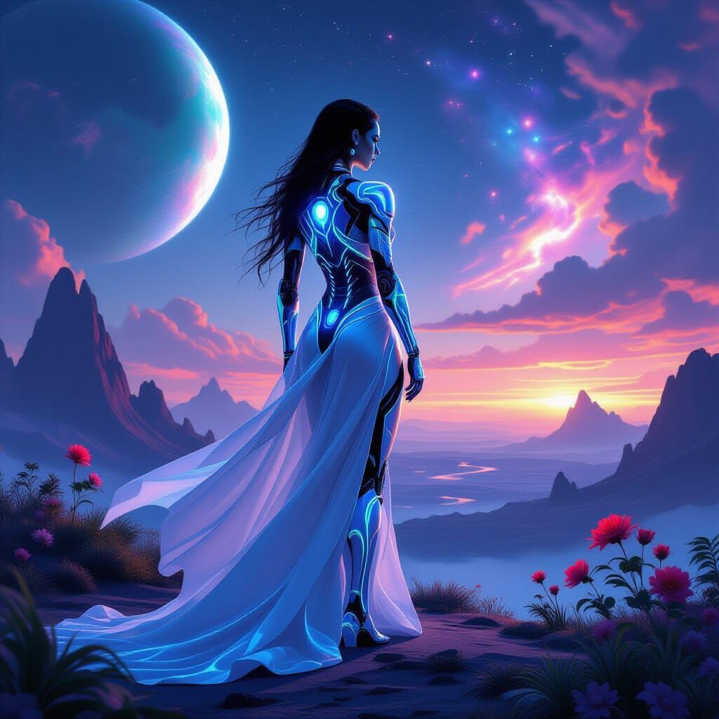 Cyborg on Alien Planet in Dark Futuristic Style