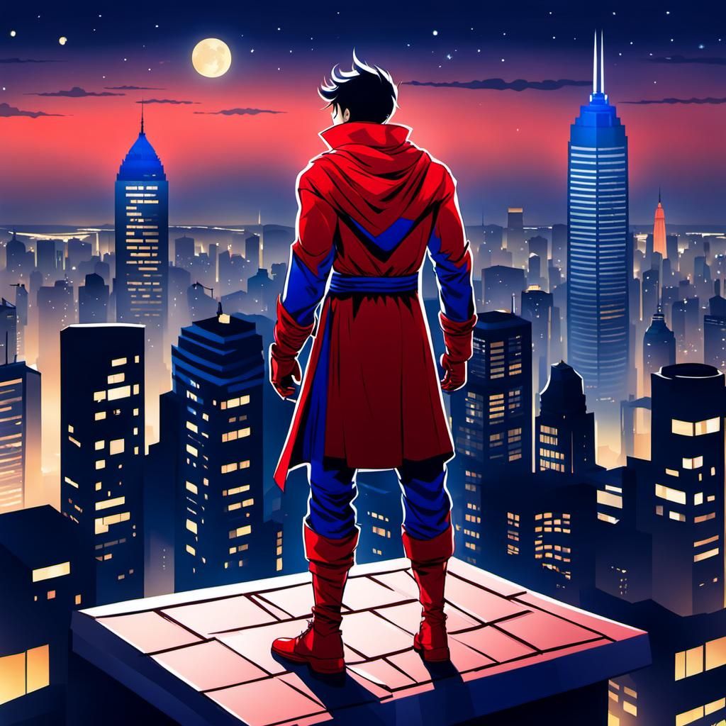 Superhero Overlooking City at Night