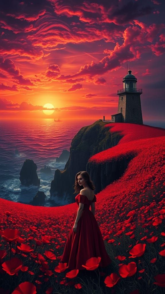 Surreal Gothic Landscape with Pin-Up and Lighthouse at Sunse...