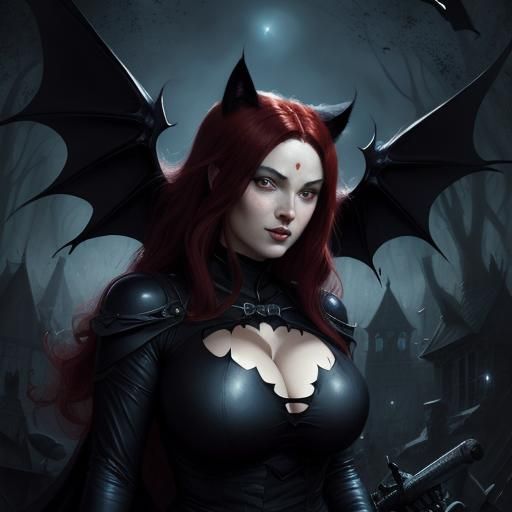 Anime Cat-Woman with Bat Wings in Mushroom Forest