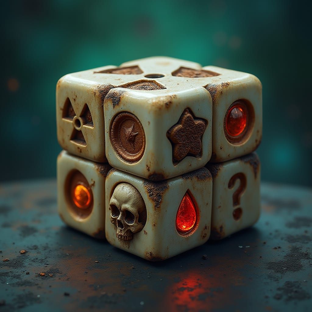 Fantasy Bone Cube with Intricate Symbolic Markings in Myster...
