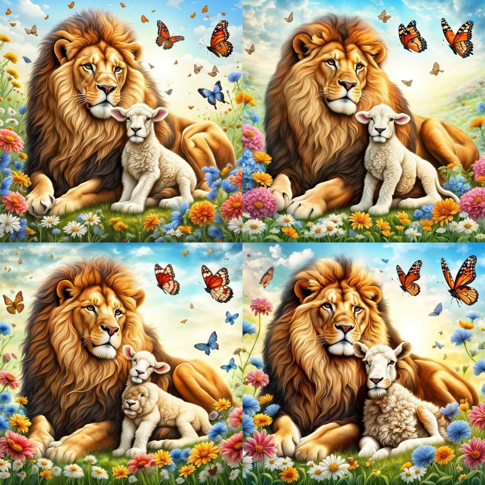 Lion and Lamb Friends in Grassy Meadow