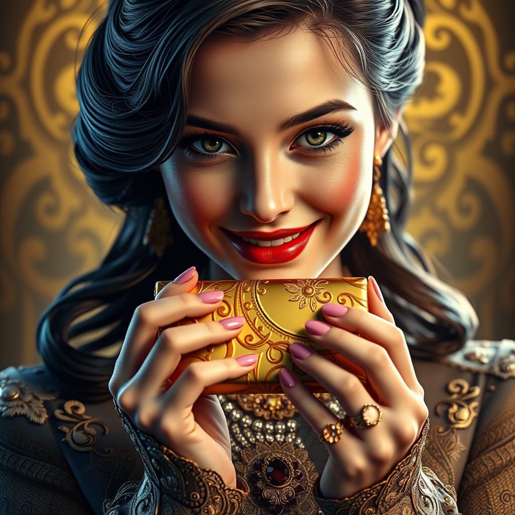 Surreal Portrait of Enchanting Woman and Golden Chocolate