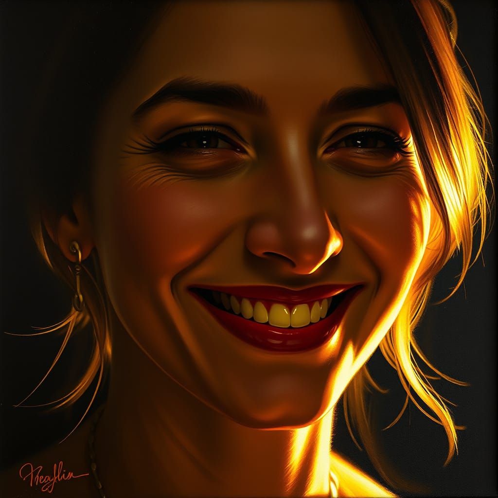 Woman's Joyful Face in Chiaroscuro Lighting