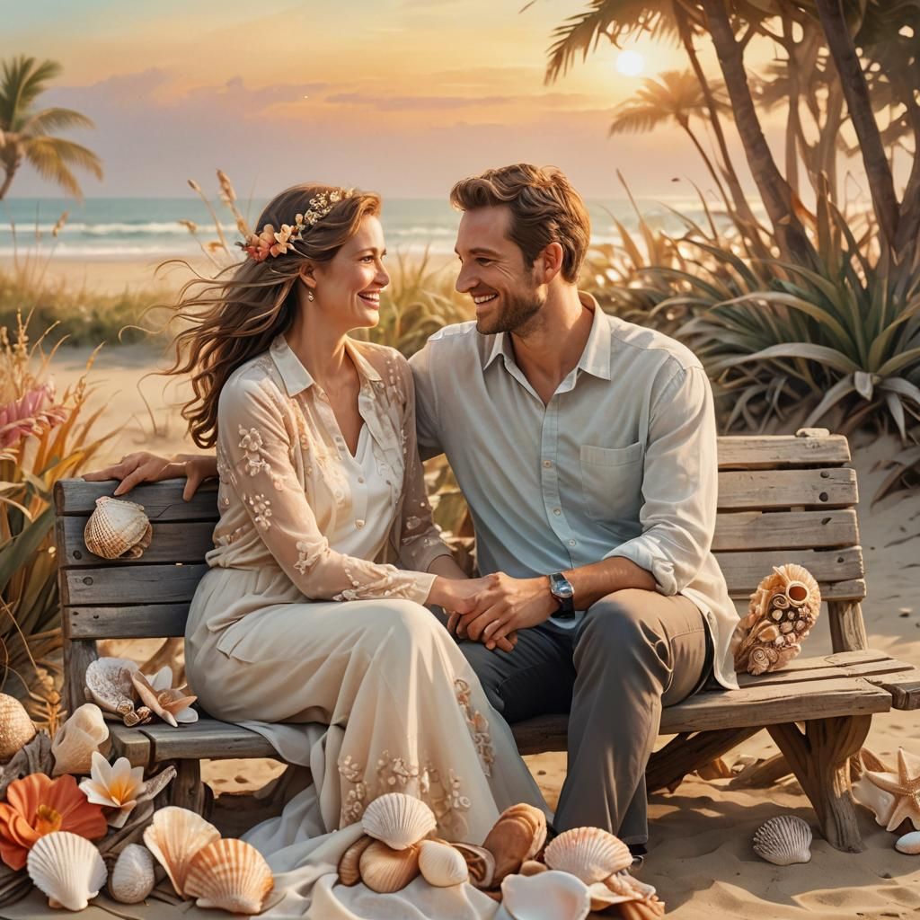 Husband and Wife Beach Bench Portrait in Golden Hour