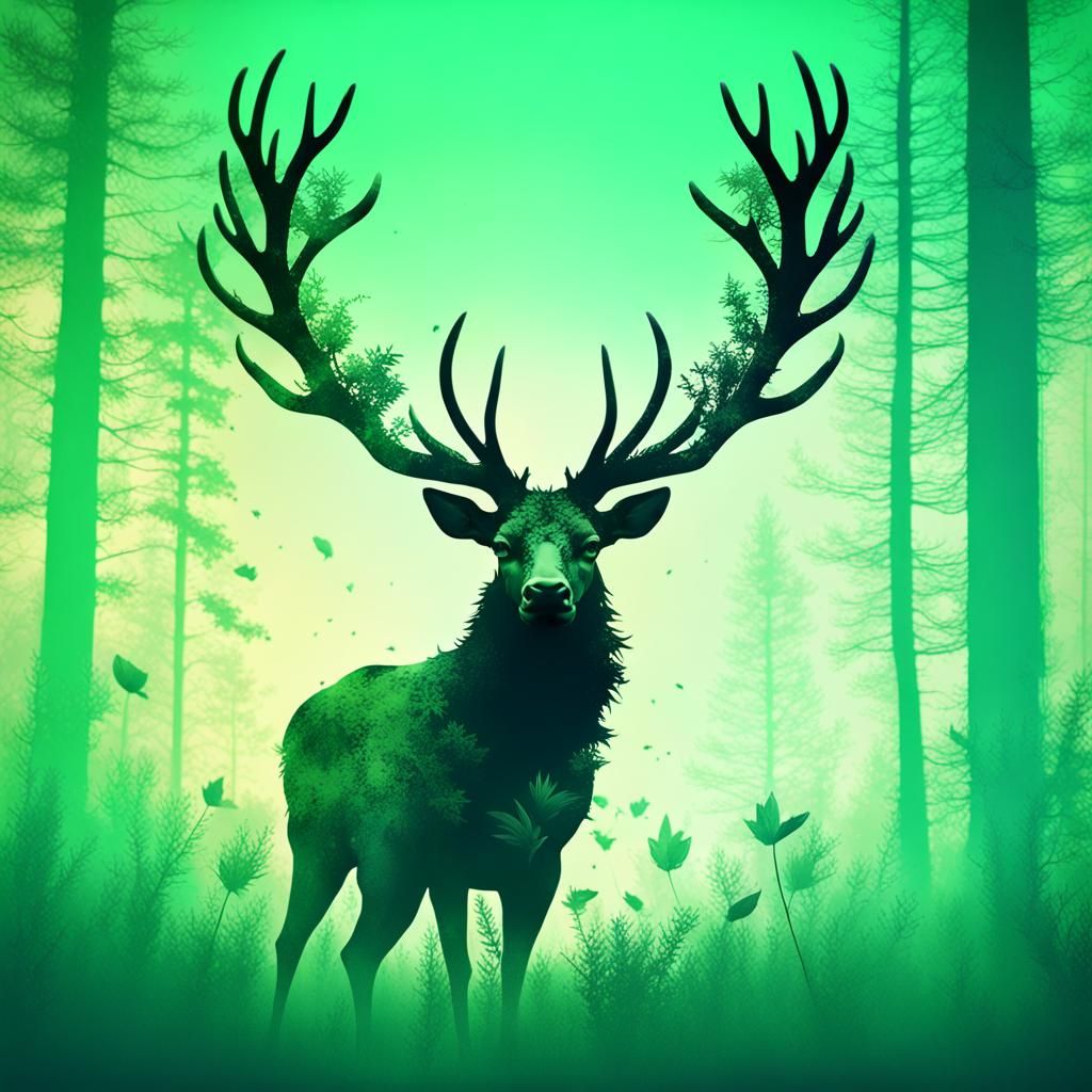 Stag Silhouette with Forest Vegetation in Double Exposure