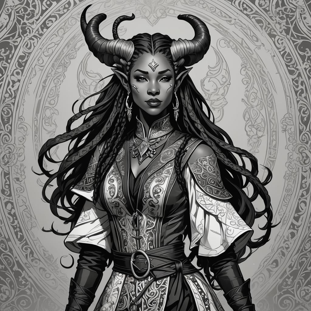 Confident Tiefling Bard in Black and White Line Art