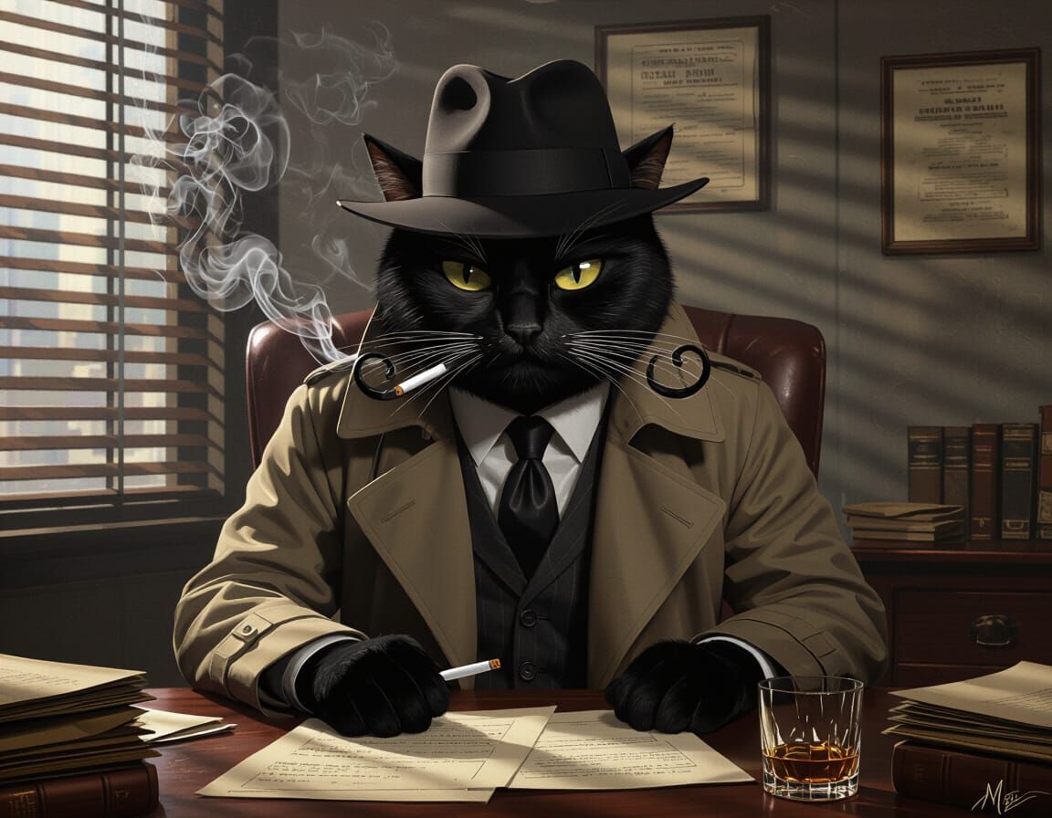 Black Cat Detective in Smoky 1940s Noir Office