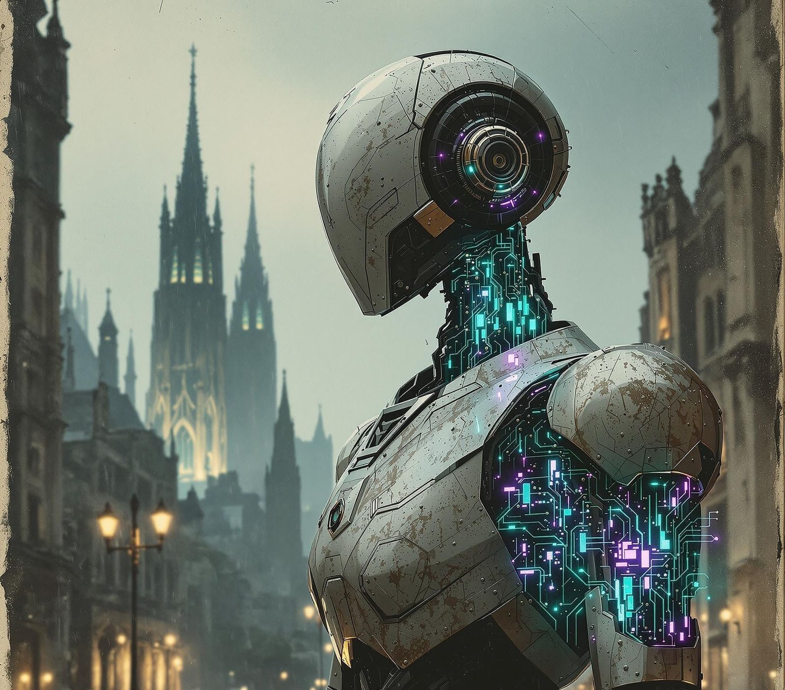 Decadent Futuristic Metropolis in Blurred Water-Damaged Phot...