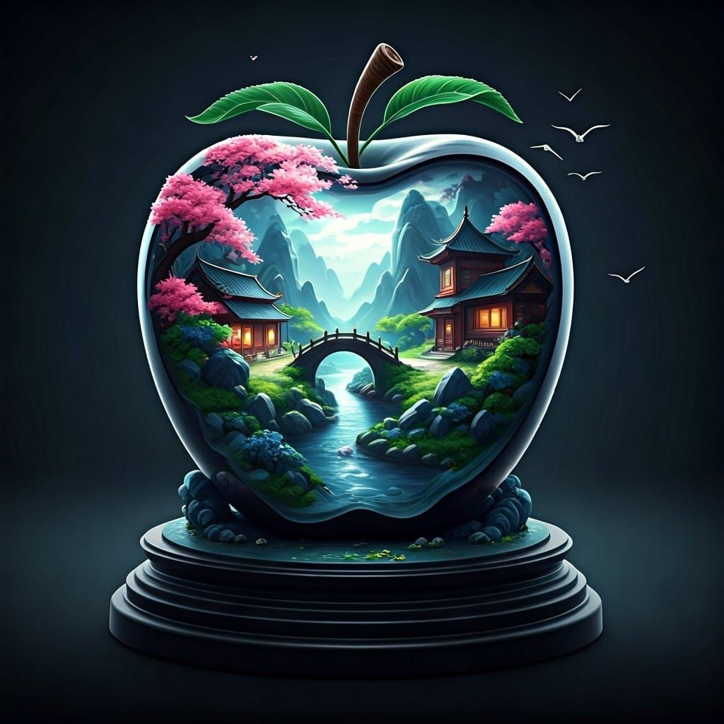 Surreal Chinese Landscape Carved in Glowing Obsidian Apple