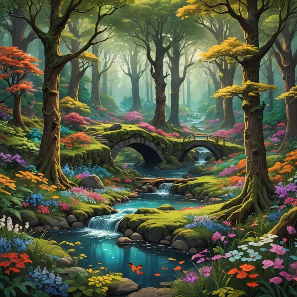 Tranquil Forest Glade with Blooming Bushes, Digital Art