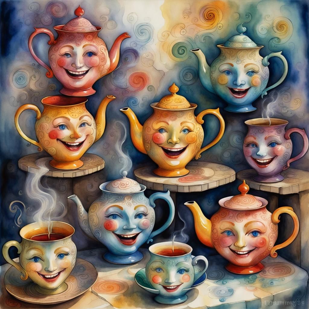 Whimsical Tea Party with Laughing Teacups as Watercolor