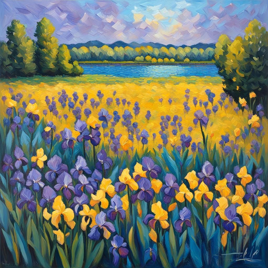 Park Scene with Pond: Neo-Impressionist Expressionist Oil