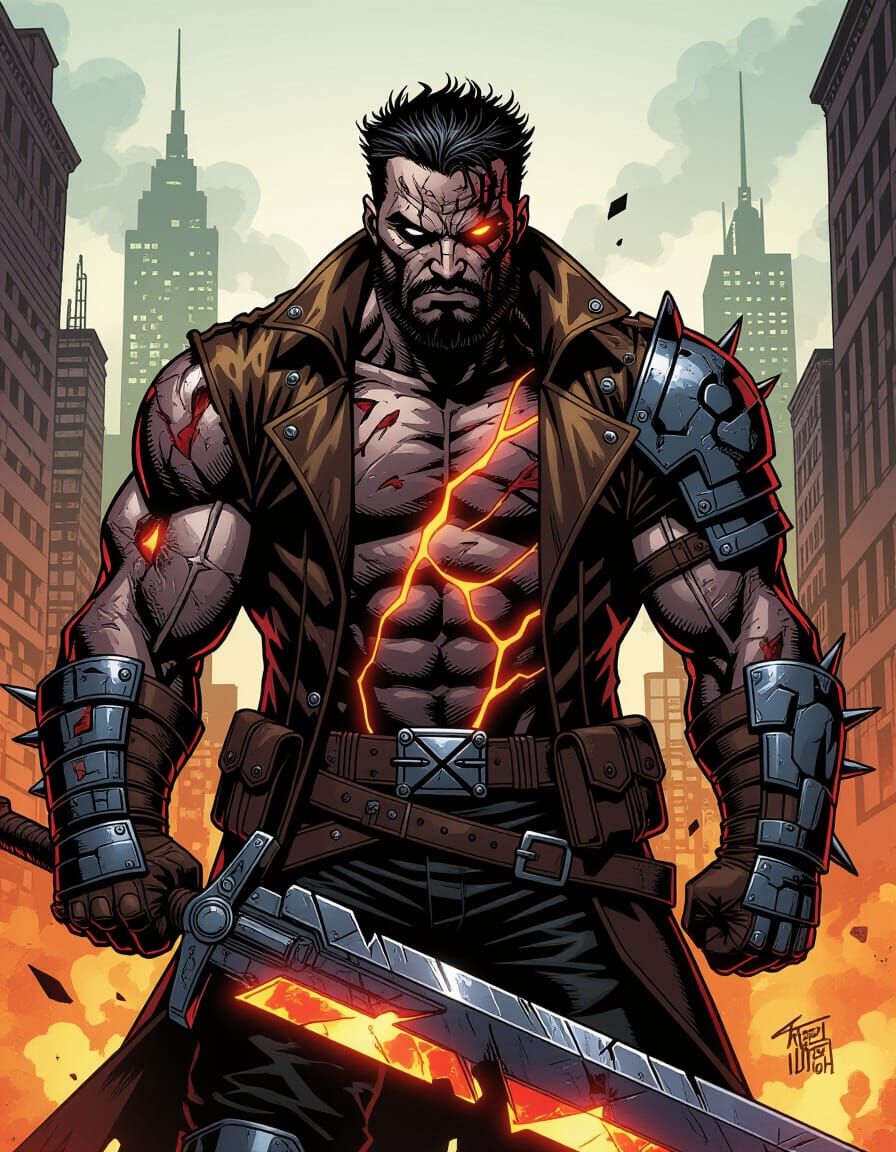 Rugged Anti-Hero with Bio-Armor and Energy Greatsword