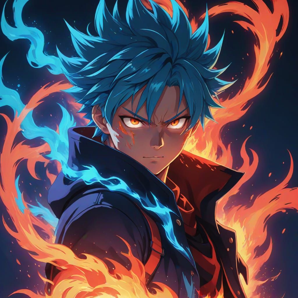 Anime Character Engulfed in Dual-Colored Flames