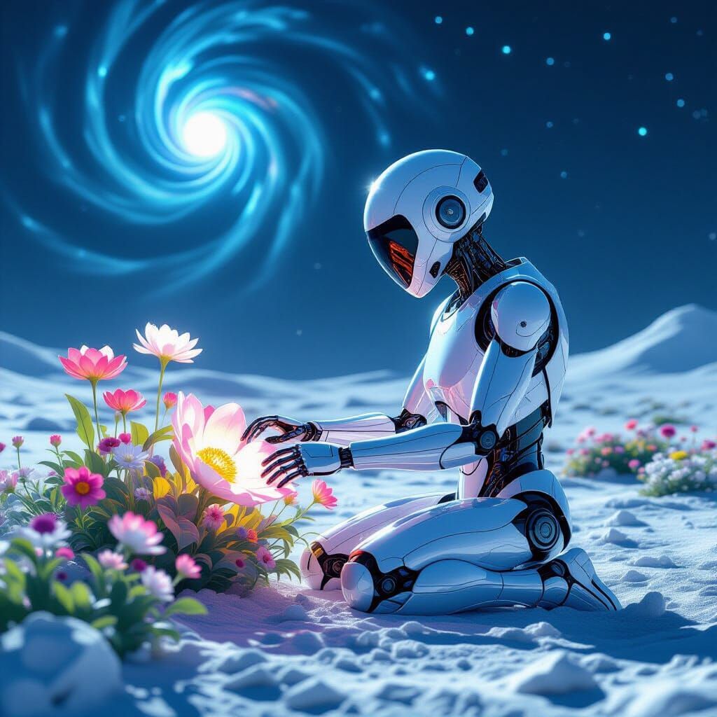 Android Tends Alien Garden Under Nebula Glow