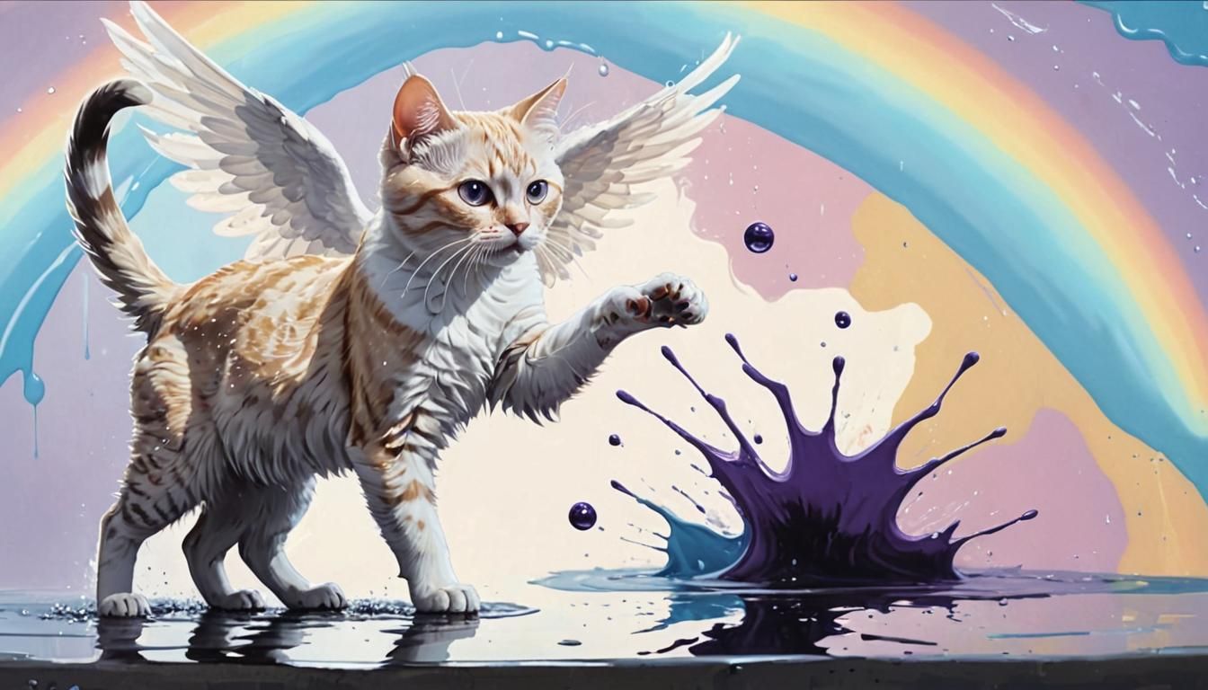 Winged Cat Reflection: Fantasycore Digital Artwork