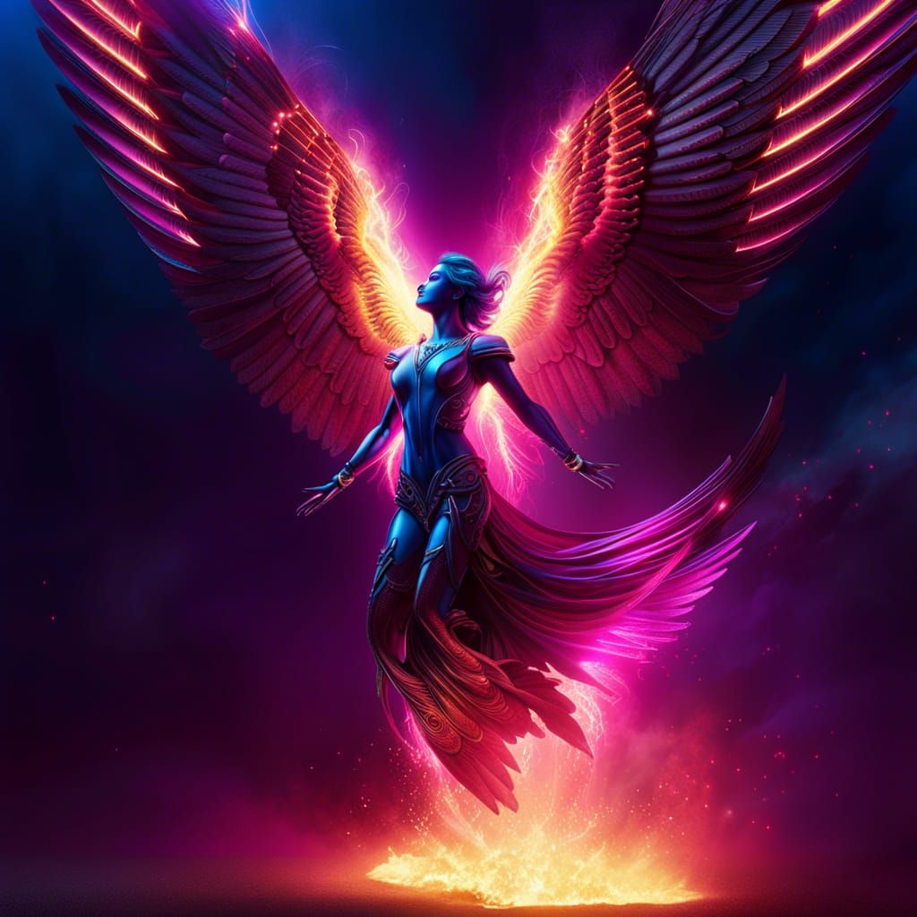 Cyberpunk Angel Descends in Burning Blue and Magenta