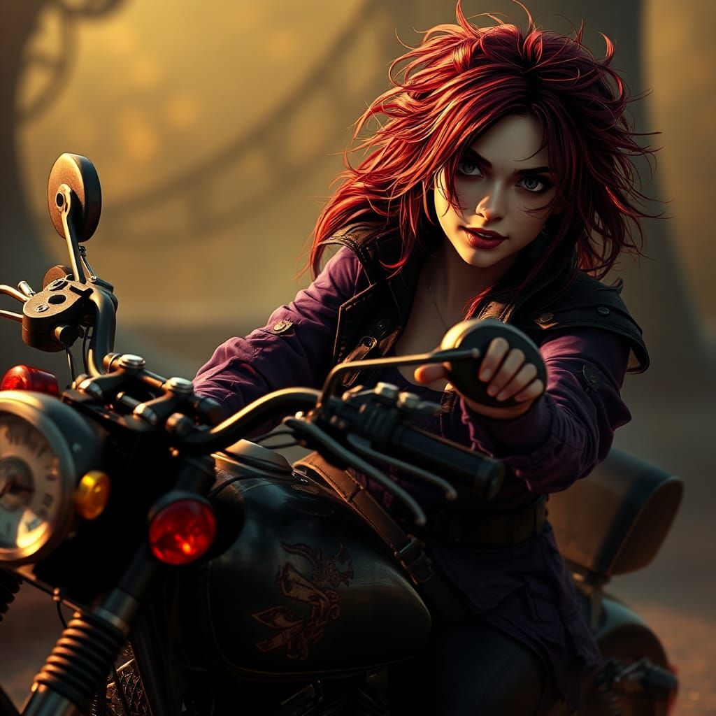 Gothic Vampire Hunter on Steampunk Motorcycle