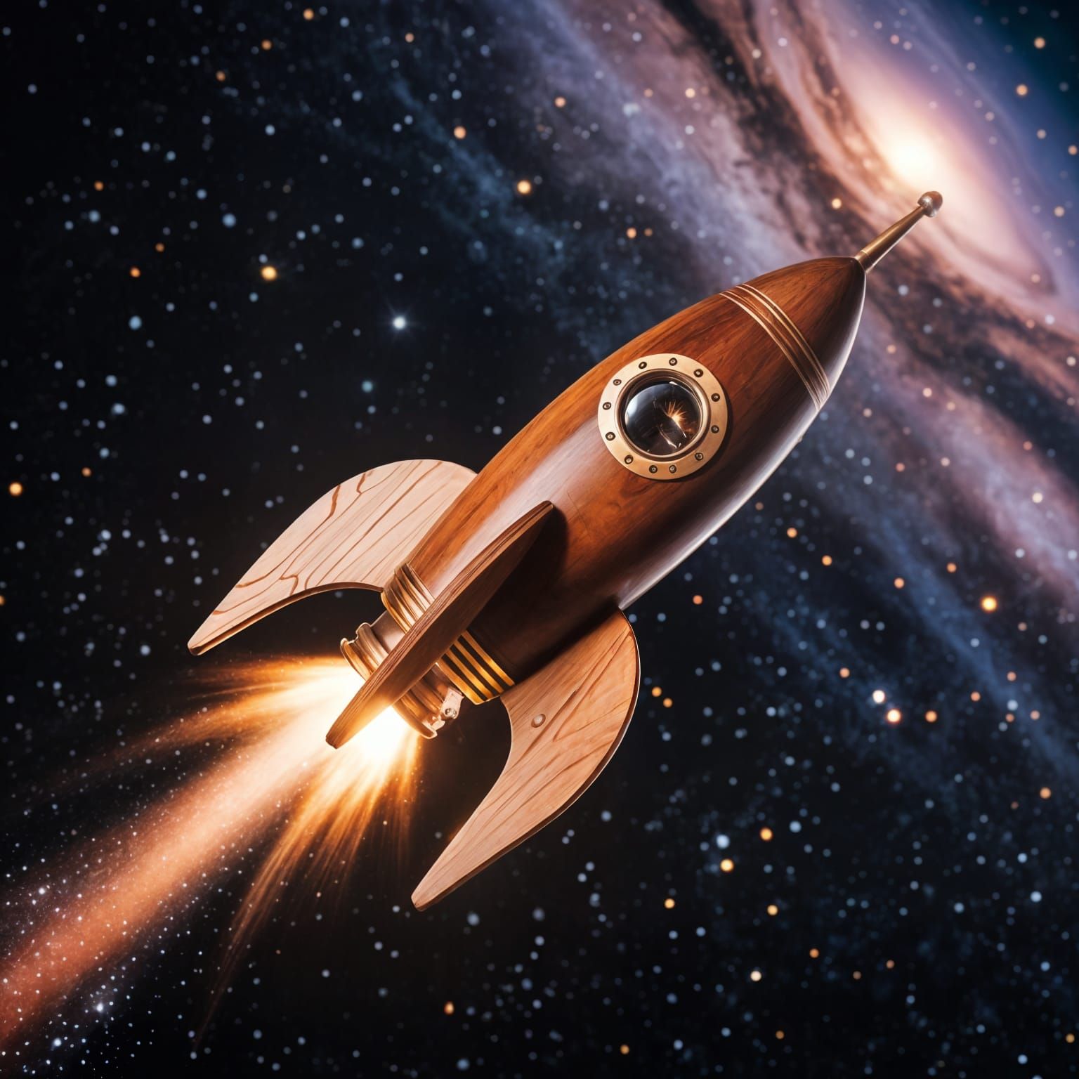 Wooden Rocketship Soaring Through Space
