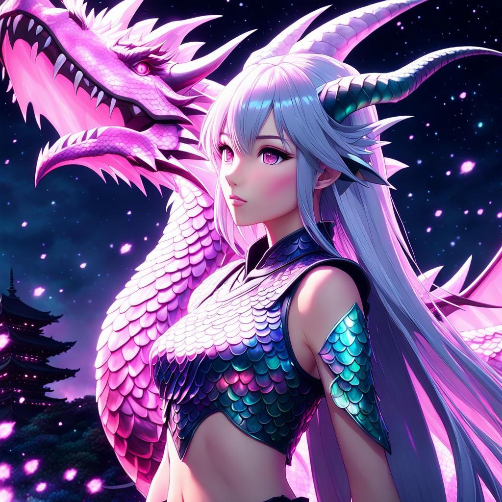 Anime Dragon-Girl with Iridescent Scales and Neon Light