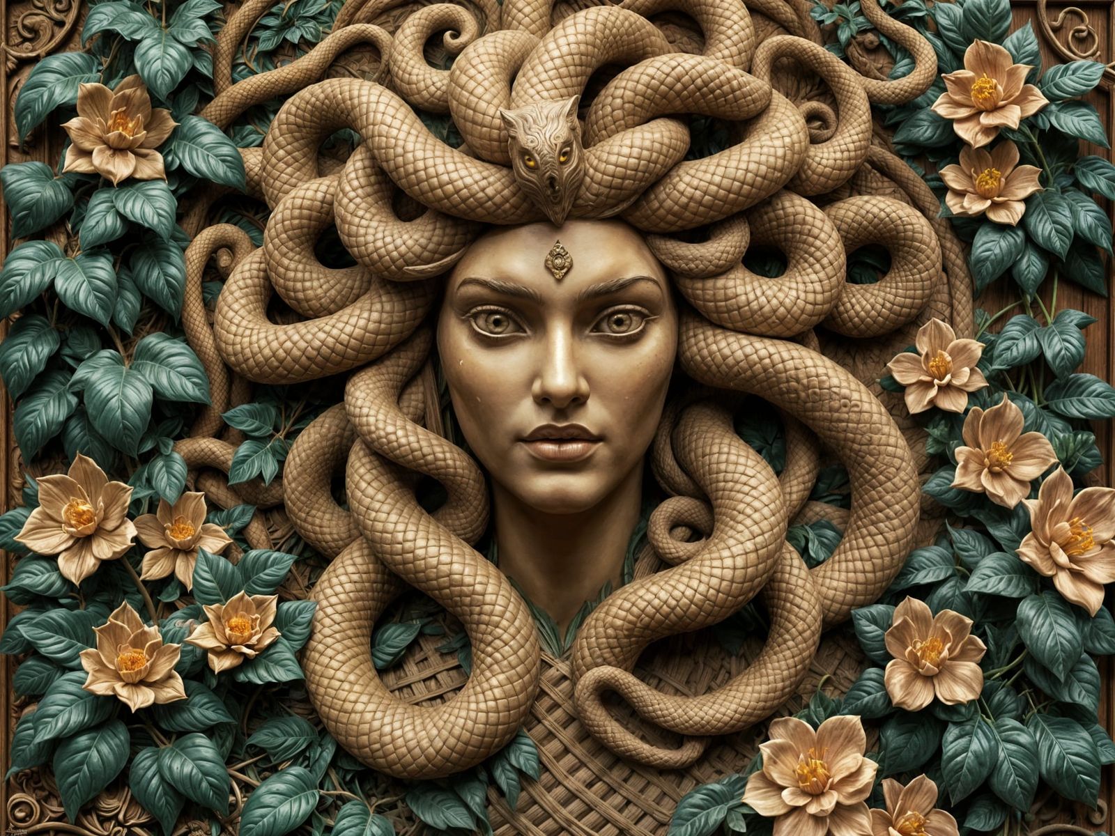 Medusa, Queen of the Gorgons, in Art Deco Wood Carving
