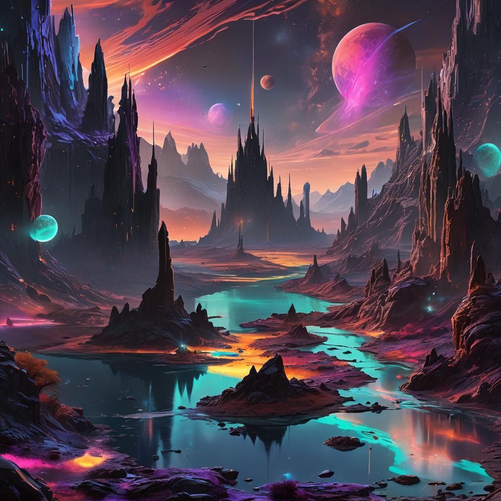 Vibrant Sci-Fi Landscape with Glowing Alien Spires