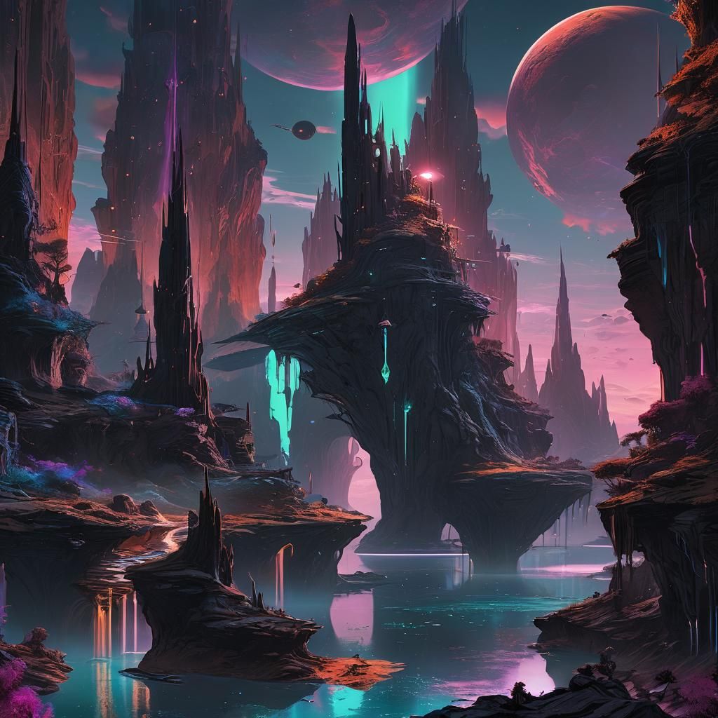 Sci-Fi Alien Landscape with Glowing Spires