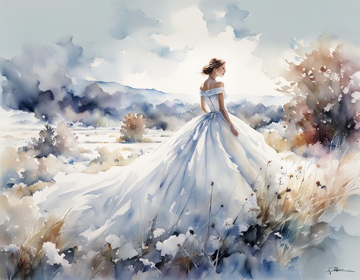Woman in White Gown: Watercolor Portrait