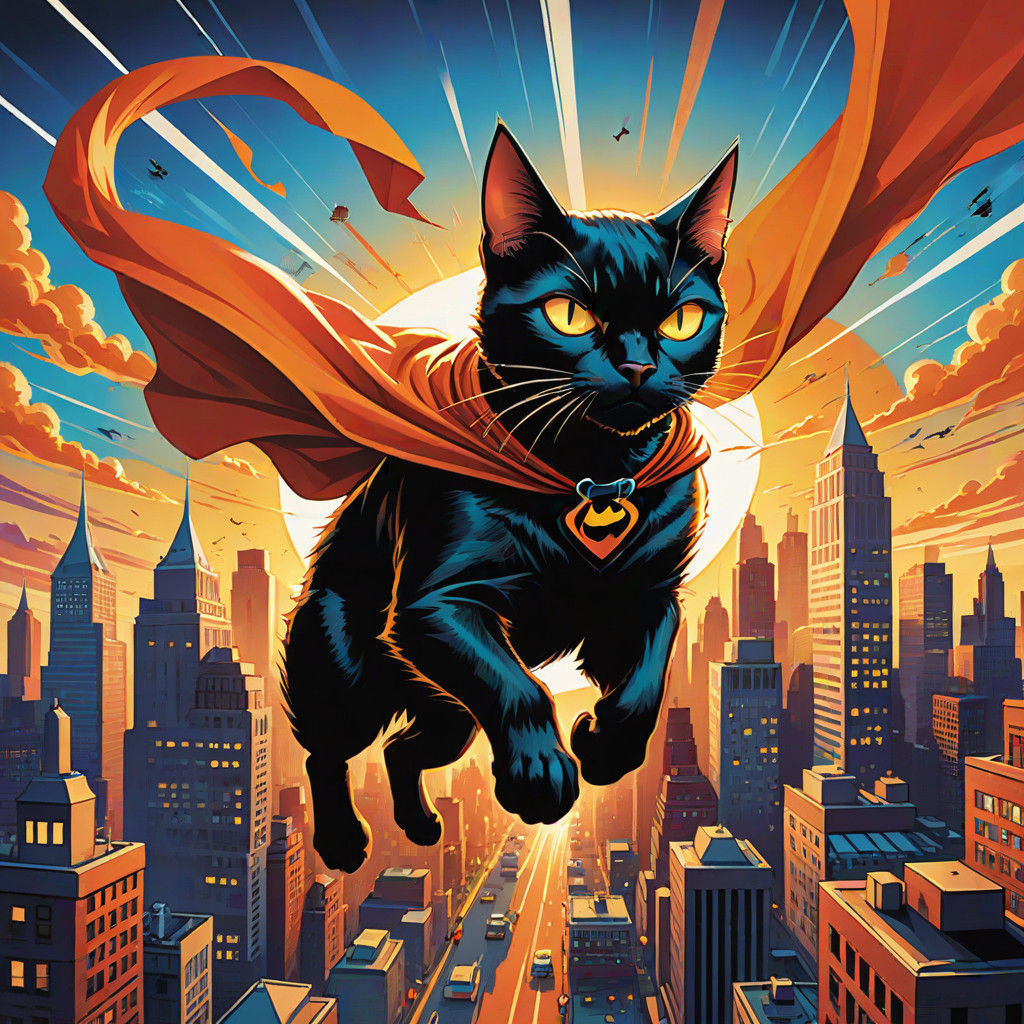 Vibrant Urban Feline Avenger in Flight