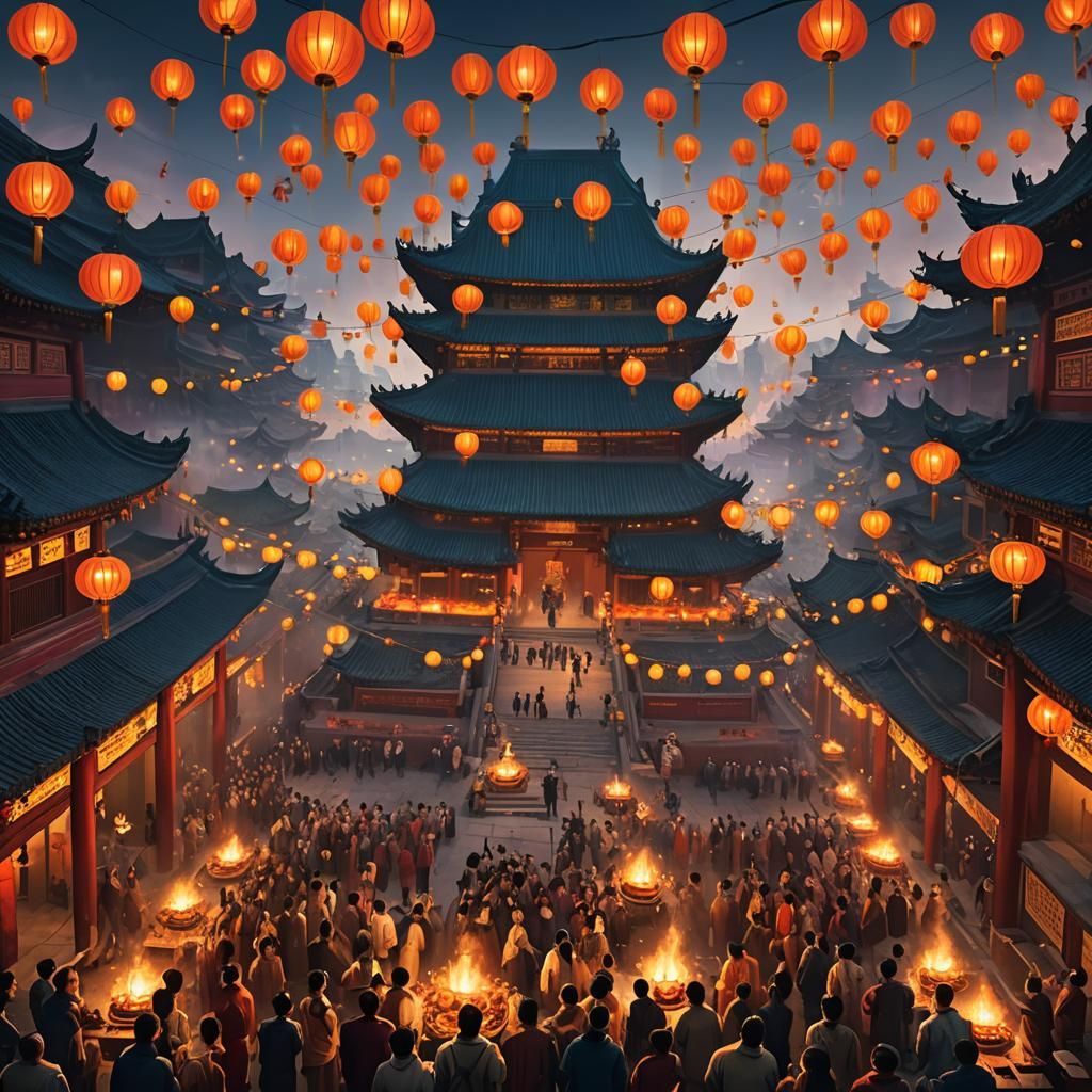 China Candle Festival: Vibrant Oil Painting