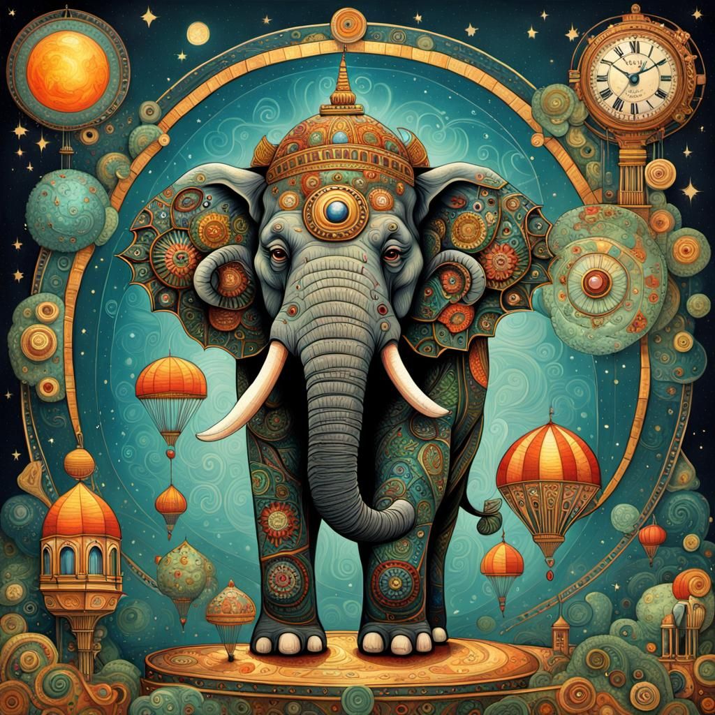 Steampunk Elephant in Art Deco Maximalist Illustration