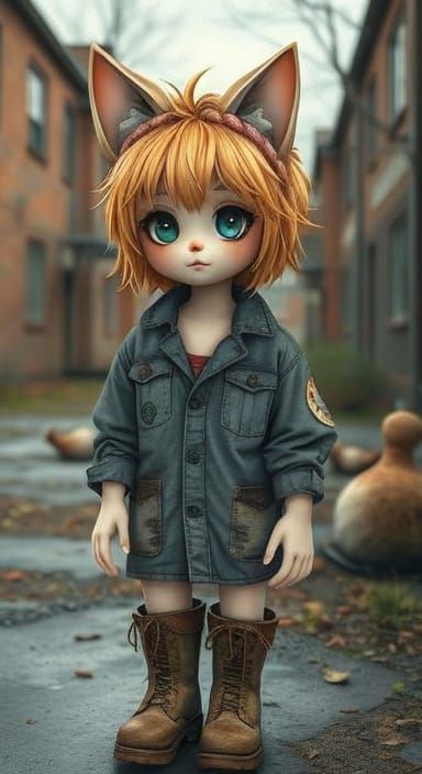 Cute Neko Girl in Yard: Whimsical Digital Painting