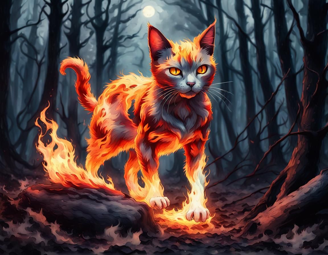Flaming Cat in Watercolor Anime Style