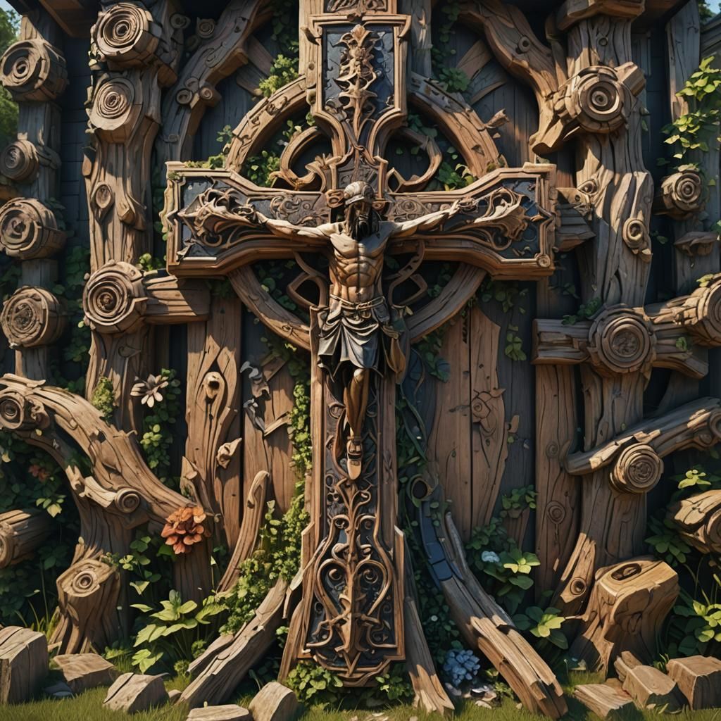 Detailed Wood Carving of Christian Cross Sculpture