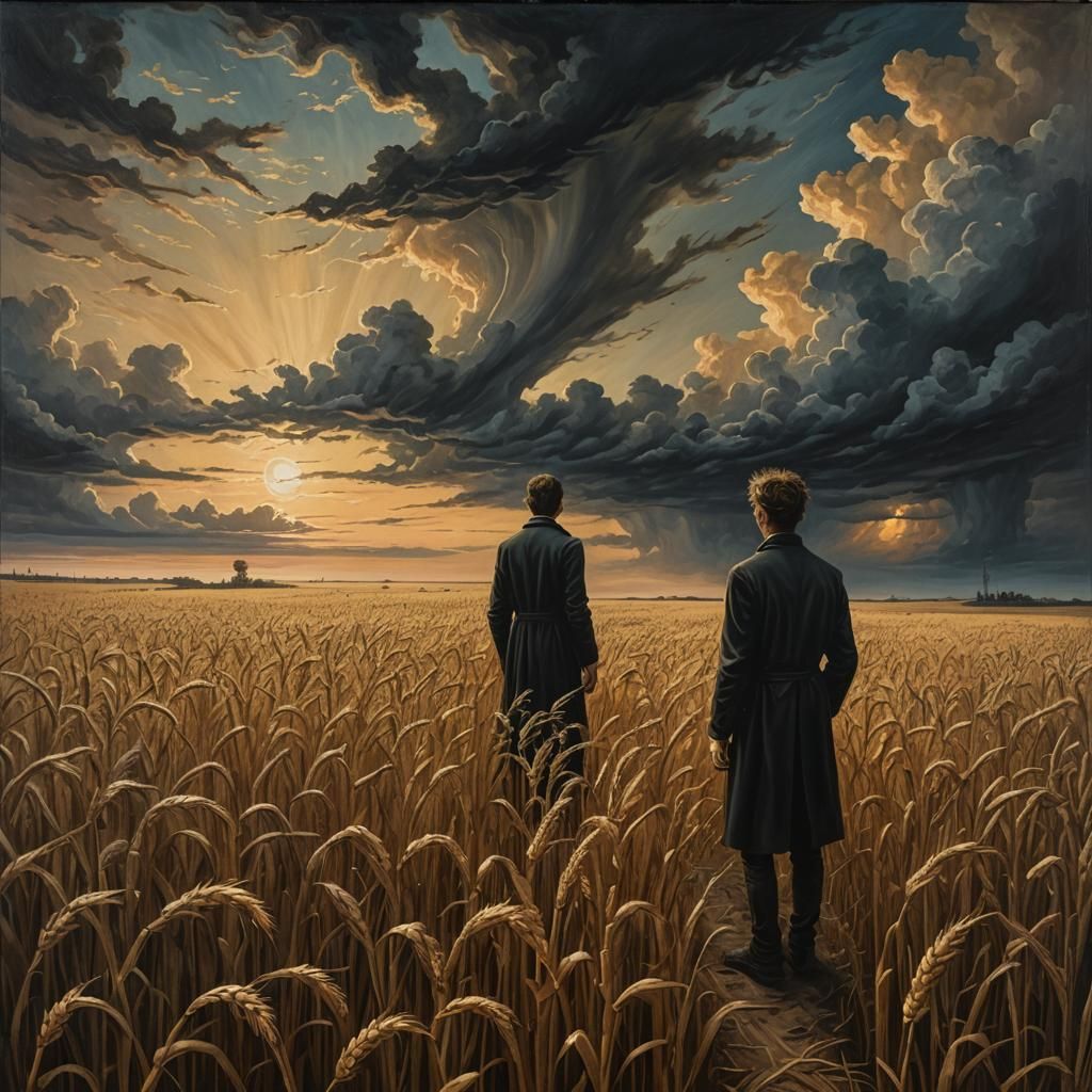 Eerie Surrealist Landscape with Wheat Field, Oil Painting