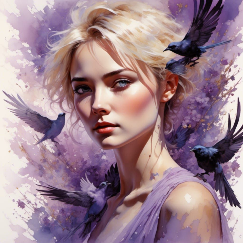 Elegant Woman with Birds in Ink Illustration