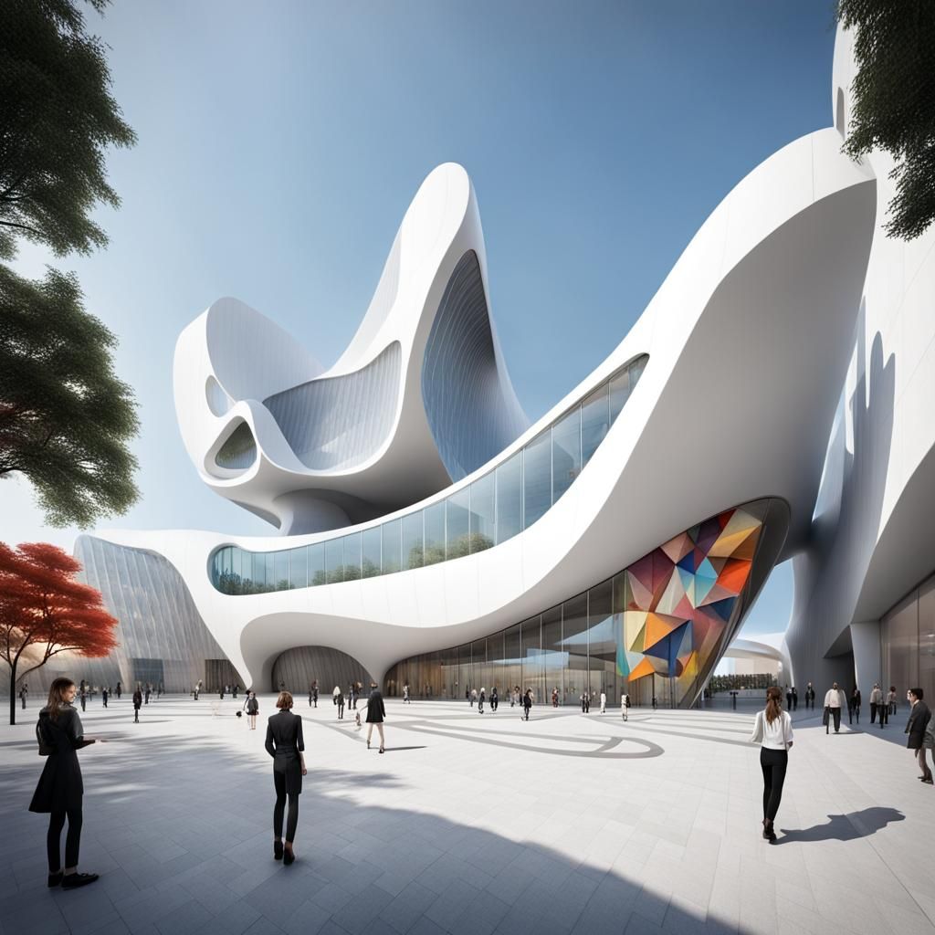 Contemporary cultural center with a distinct form, featuring a vibrant public plaza and innovative exhibition spaces, fu...