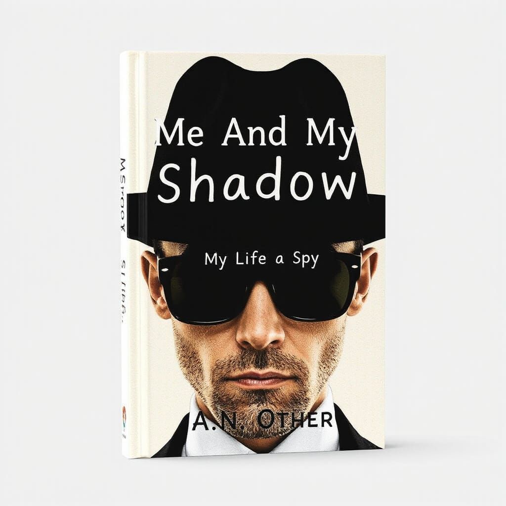 Book cover, a stereotypical spy wearing a black hat and dark...