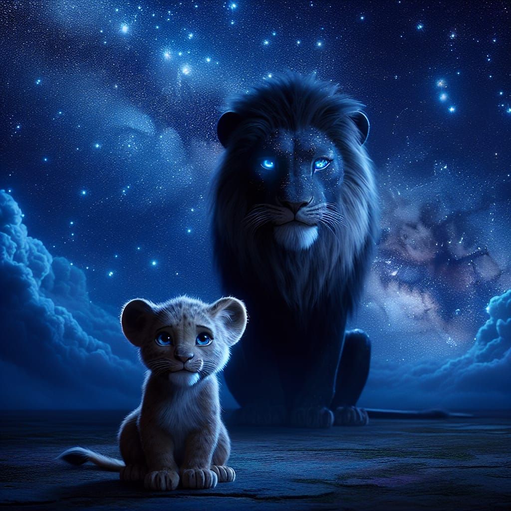 Lion Father and Son Under Starry Night Sky