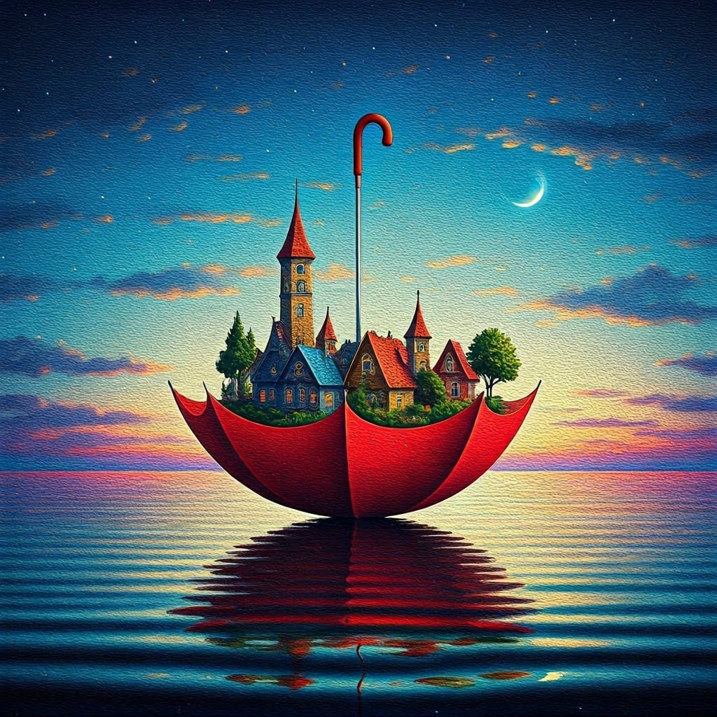 a surreal and whimsical pointillist artwork featuring a floating red umbrella carrying a small, colorful village.