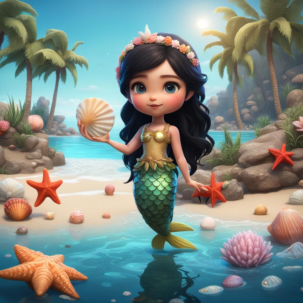 Hyperrealistic Chibi Mermaid on a Detailed Beach